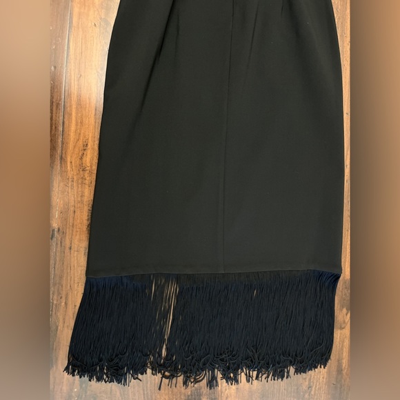 Aidan Adrianna Papell Crepe Popover Midi Black Fringe Hem Sheath Dress 2 LBD NWT - Picture 9 of 16